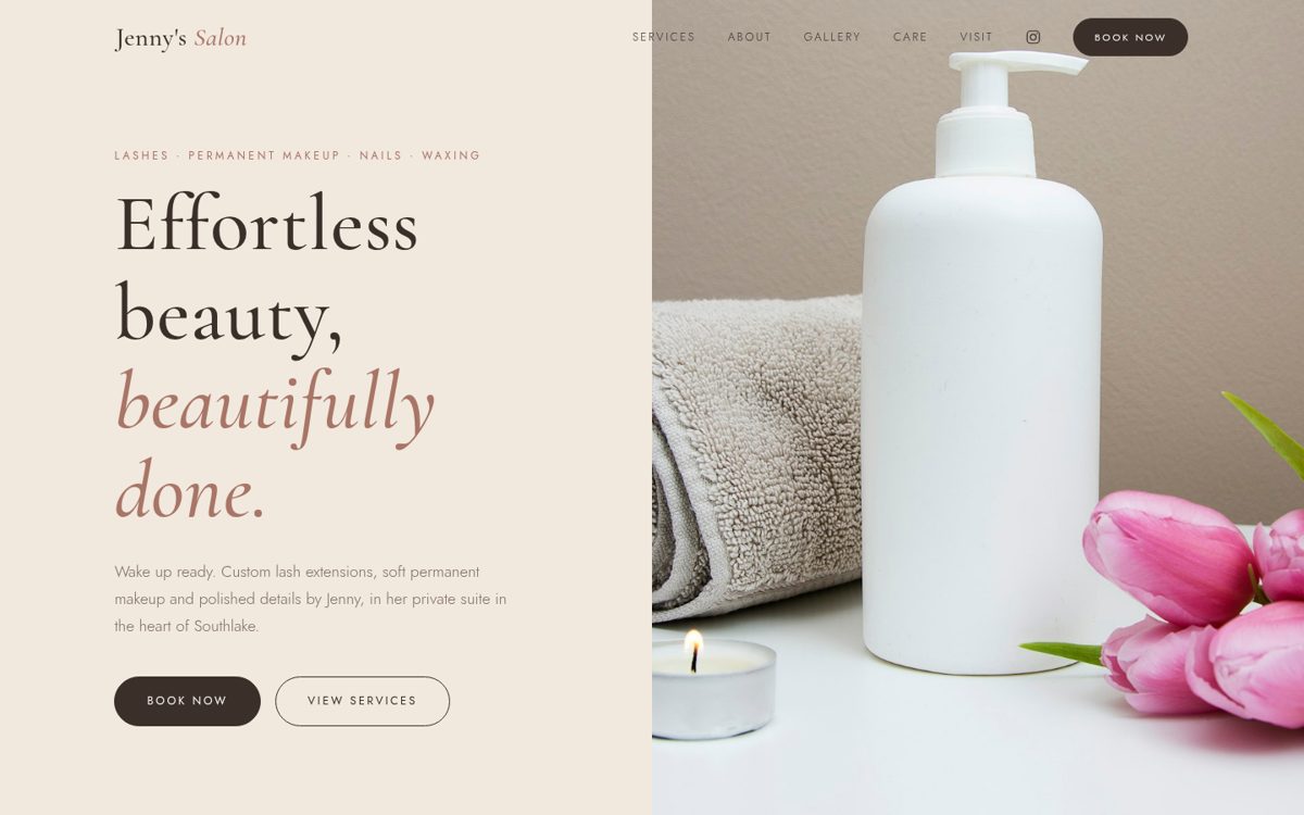 Homepage of the Jenny's Salon concept website, a lash, brow and permanent makeup studio